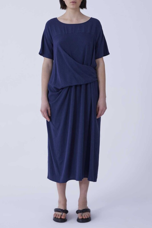 Bel Detaylı Midi Elbise Lacivert - 1