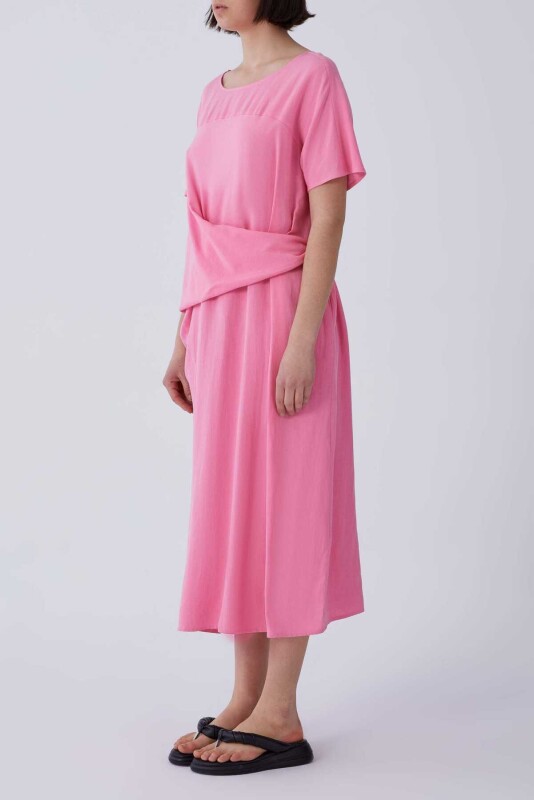 Bel Detaylı Midi Elbise Pembe - 3