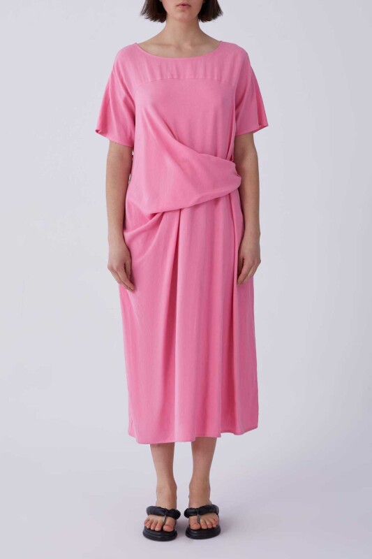 Bel Detaylı Midi Elbise Pembe 