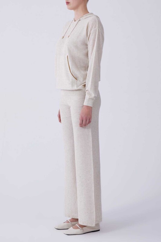 Belden Bağcıklı Dokulu Naturel Triko Pantolon Naturel - 3