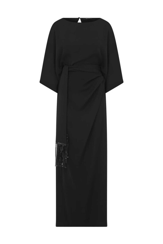  Belden Bağlamalı Abiye Elbise Siyah - 4