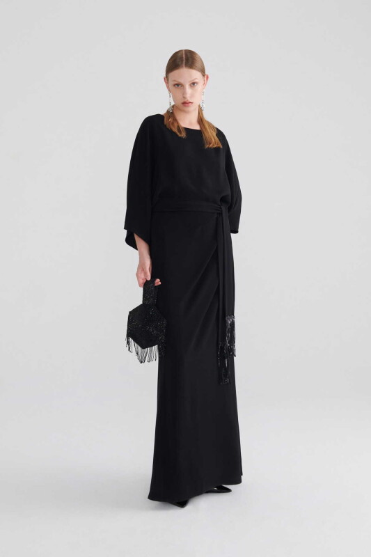  Belden Bağlamalı Abiye Elbise Siyah - 1