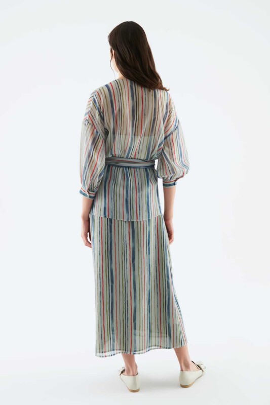 Belden Bağlamalı Çizgi Desenli Bluz Standart Renk - 2