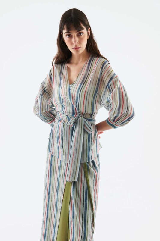 Belden Bağlamalı Çizgi Desenli Bluz Standart Renk - 1