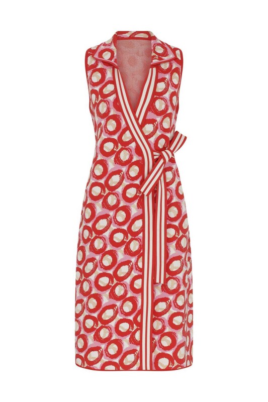 Belden Bağlamalı Desenli Triko Elbise Standart Renk - 4