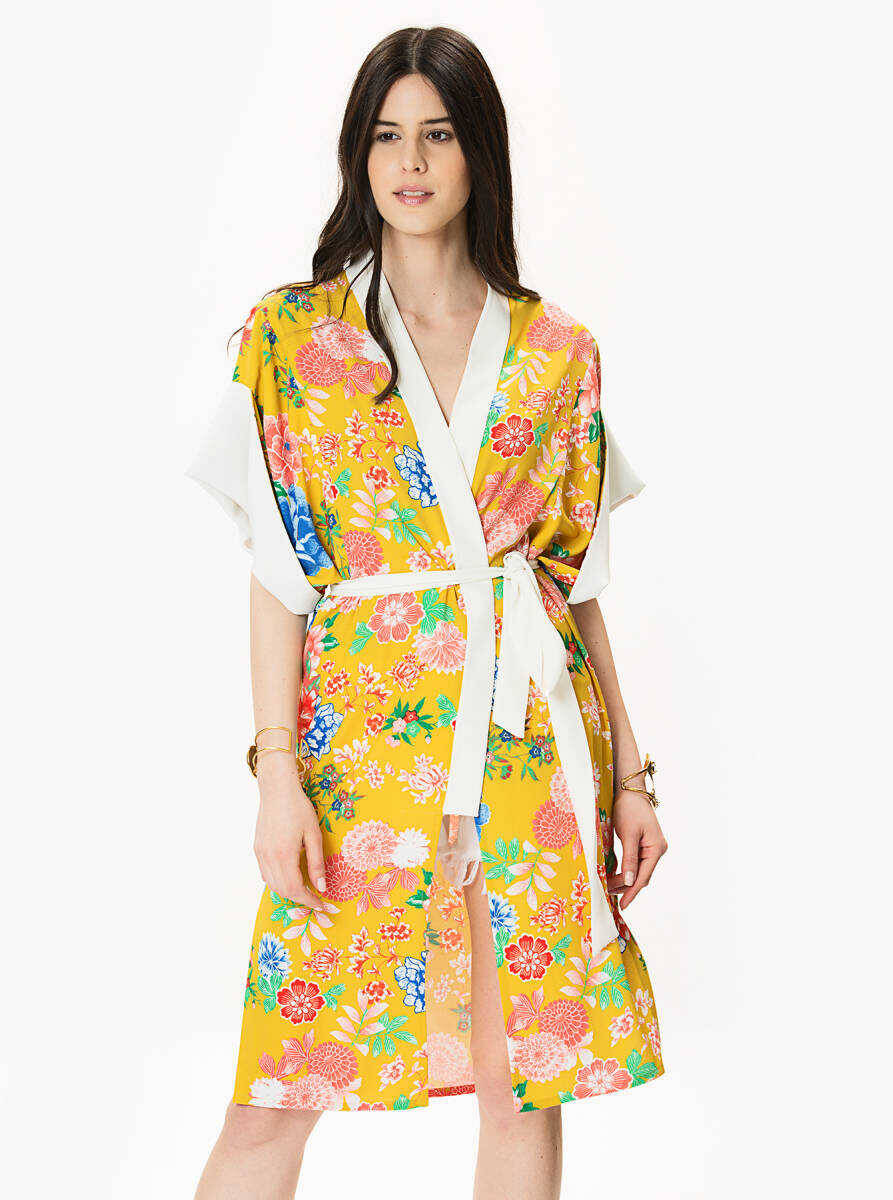 Belden Bağlamalı Floral Desenli Kimono Standart Renk - 1