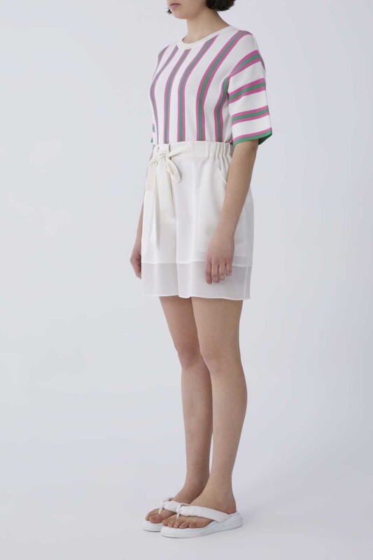 Belden Bağlamalı Şort Krem - 3