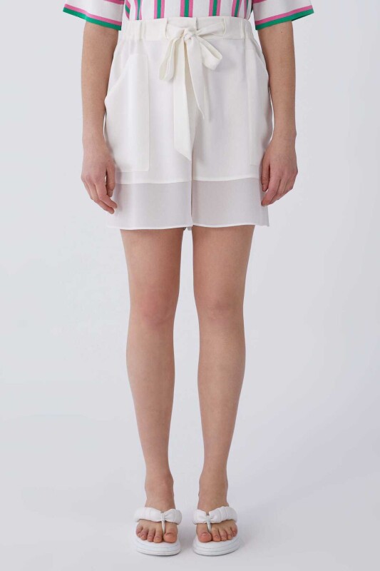Belden Bağlamalı Şort Krem - 1