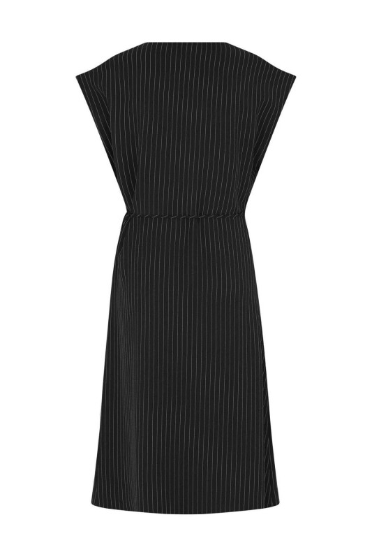 Belden Bağlamalı V Yaka Çizgili Günlük Elbise Siyah-Beyaz - 5