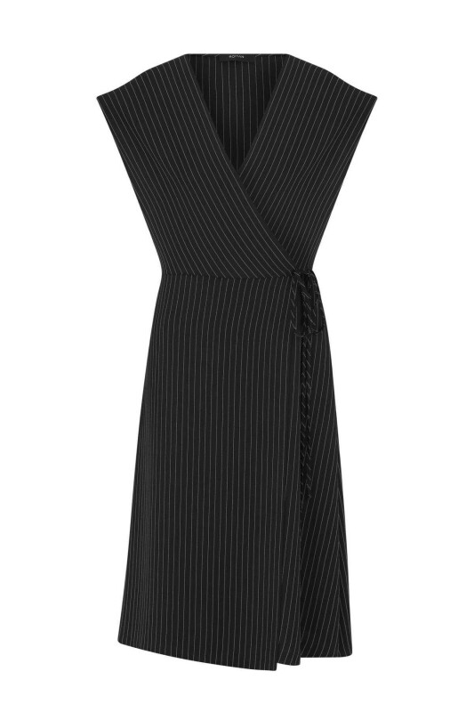 Belden Bağlamalı V Yaka Çizgili Günlük Elbise Siyah-Beyaz - 4