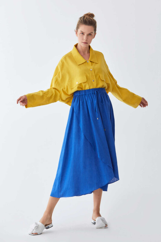 Belden Büzgülü Uzun Etek Saks - 3