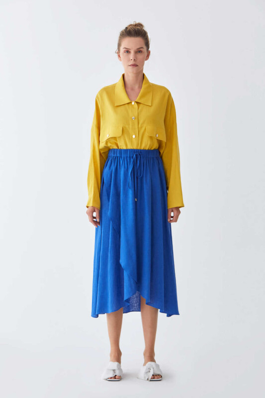 Belden Büzgülü Uzun Etek Saks - 1