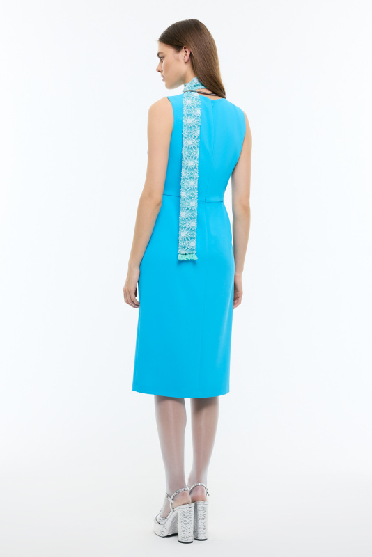 Bele Oturan Şerit ve Yırtmaç Detaylı Midi Boy Elbise Mavi - Roman (1)