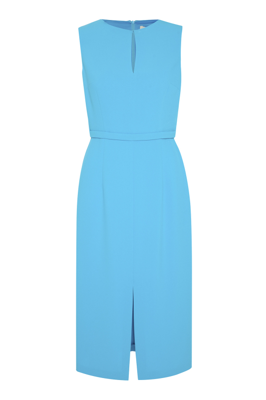 Bele Oturan Şerit ve Yırtmaç Detaylı Midi Boy Elbise Mavi - 5