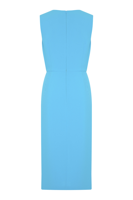 Bele Oturan Şerit ve Yırtmaç Detaylı Midi Boy Elbise Mavi - 6