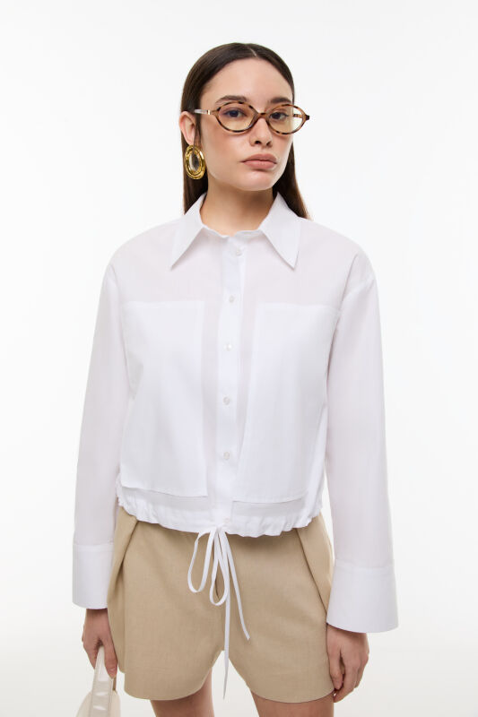 Beli Bağcıklı Uzun Kol Poplin Gömlek Beyaz - Roman