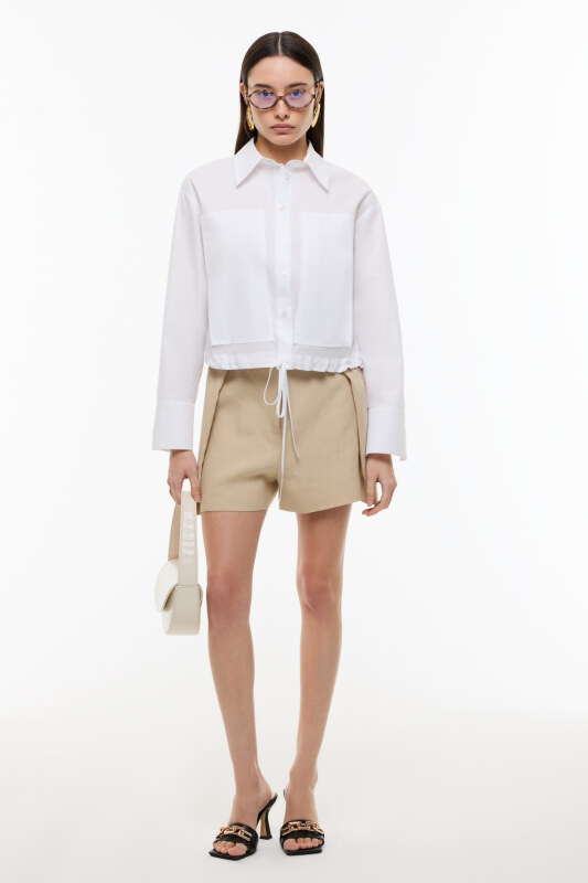 Beli Bağcıklı Uzun Kol Poplin Gömlek Beyaz - 4