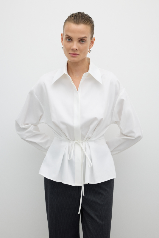 Beli Bağlama Detaylı Peplum Gömlek Beyaz - 1