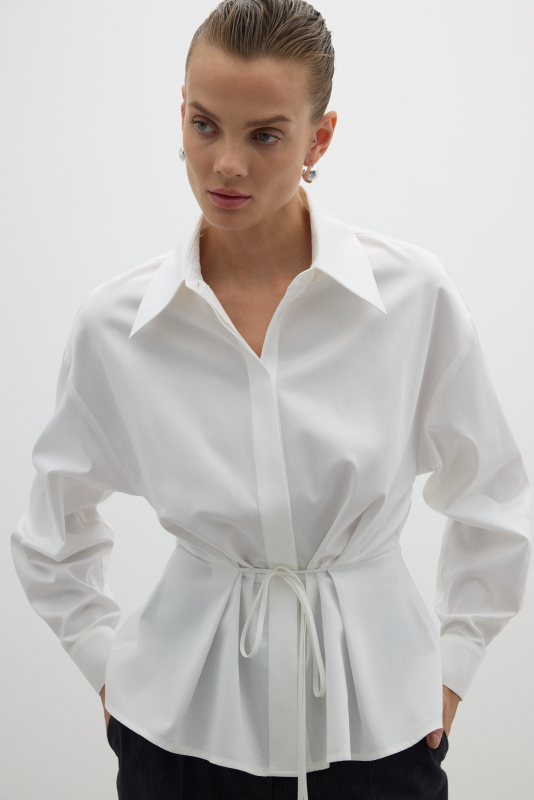 Beli Bağlama Detaylı Peplum Gömlek Beyaz - 4