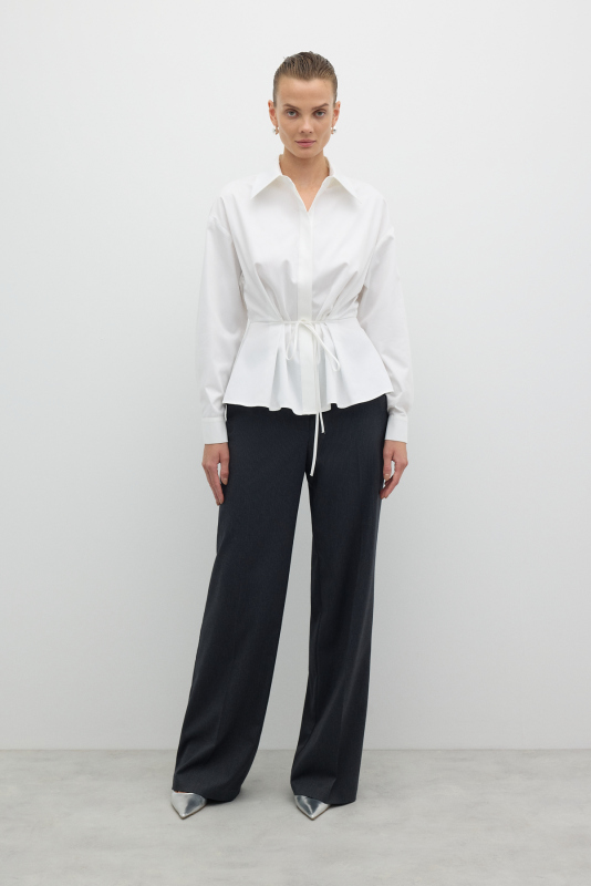 Beli Bağlama Detaylı Peplum Gömlek Beyaz - 5