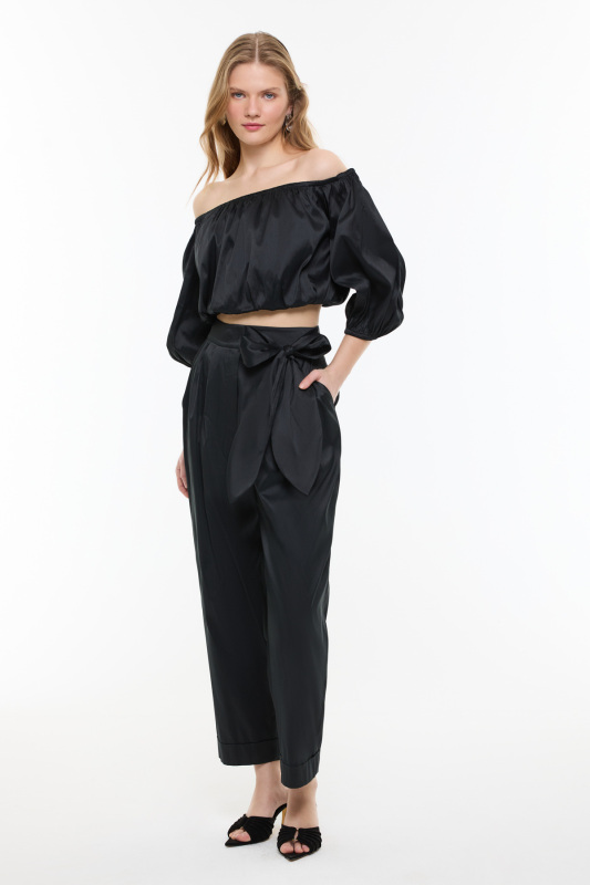 Beli Bağlama Detaylı Tafta Havuç Pantolon Siyah - Roman