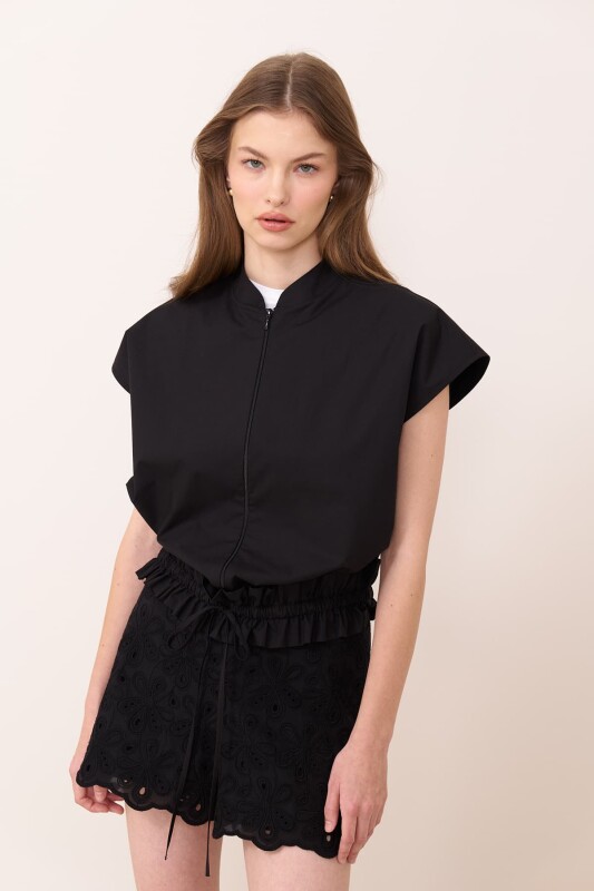 Beli Bağlamalı Poplin Bluz Siyah - 1