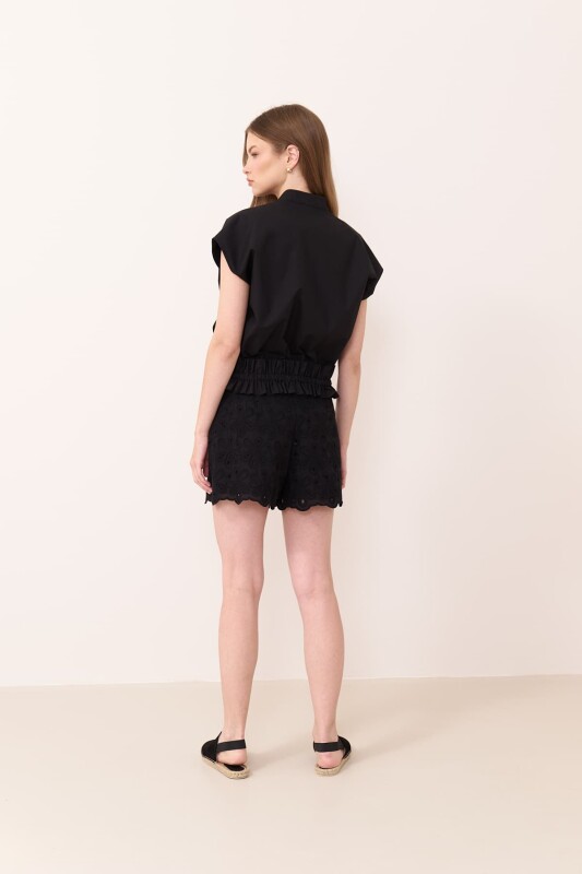 Beli Bağlamalı Poplin Bluz Siyah - 2