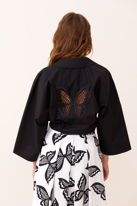 Beli Bağlamalı Yarasa Kol Crop Poplin Gömlek Siyah - 2