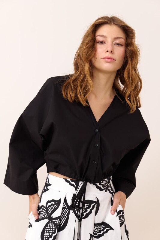 Beli Bağlamalı Yarasa Kol Crop Poplin Gömlek Siyah - 1