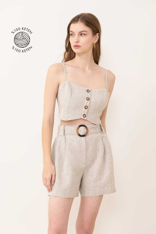 Beli Kemerli Çift Pileli Keten Şort Naturel - Roman