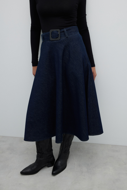 Beli Kemerli Denim Kloş Midi Boy Etek Lacivert - 4
