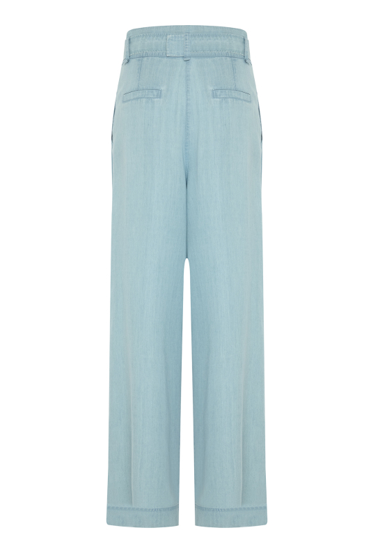 Beli Kemerli Denim Palazzo Pantolon Mavi - 5