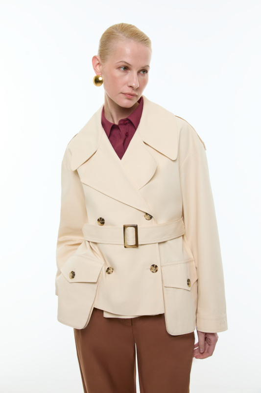 Beli Kemerli Kruvaze Kısa Trençkot Bej - Roman