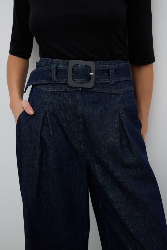 Beli Kemerli Pileli Geniş Paça Denim Pantolon Lacivert - 3