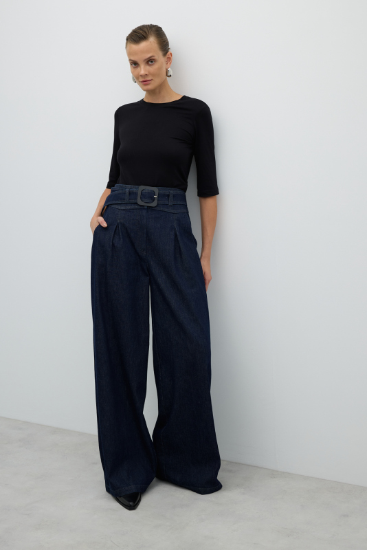 Beli Kemerli Pileli Geniş Paça Denim Pantolon Lacivert - 4