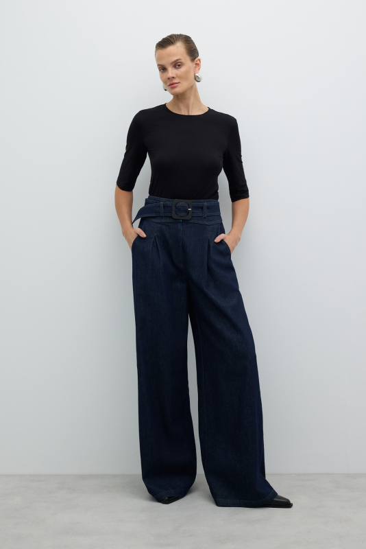 Beli Kemerli Pileli Geniş Paça Denim Pantolon Lacivert - 1