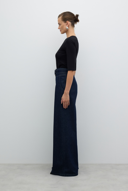 Beli Kemerli Pileli Geniş Paça Denim Pantolon Lacivert - 5