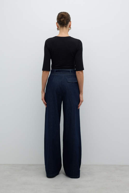 Beli Kemerli Pileli Geniş Paça Denim Pantolon Lacivert - 2
