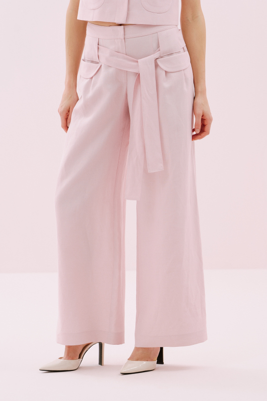 Beli Kuşaklı Çift Cepli Pileli Geniş Paça Pantolon Pembe - 3