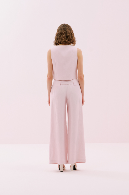 Beli Kuşaklı Çift Cepli Pileli Geniş Paça Pantolon Pembe - 2