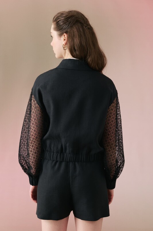 Beli Kuşaklı Keten Bomber Ceket Siyah - 2