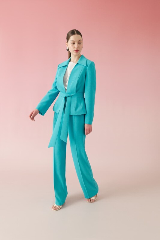 Beli Kuşaklı Krep Ceket Turkuaz - 4