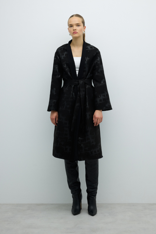 Beli Kuşaklı Şal Yaka Kap Siyah - Roman