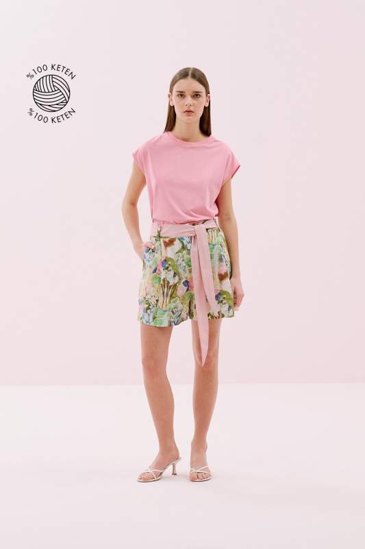 Beli Kuşaklı Tek Pileli Keten Şort Standart Renk - 1