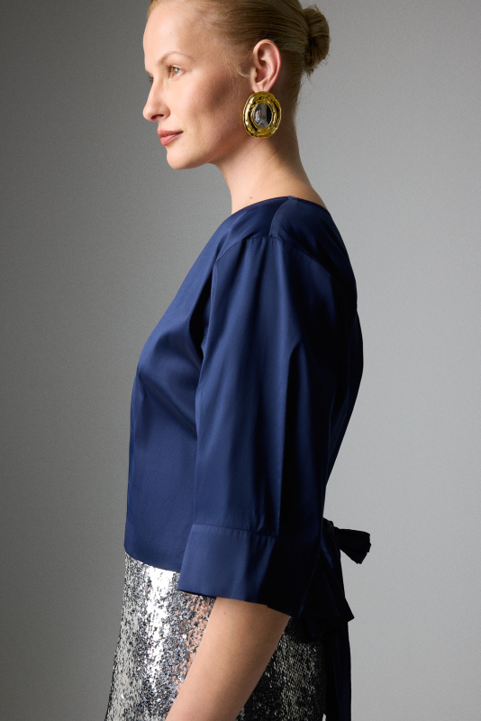 Beli Kuşaklı Truvakar Kol Bluz Lacivert - 3