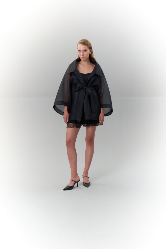 Beli Kuşaklı Yarasa Kol Organze Kap Siyah - 3