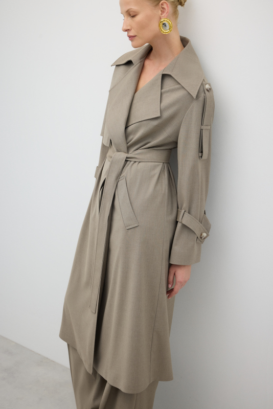 Beli Kuşaklı Yün Karışımlı Geniş Kesim Pardesü Kum Beji - 6