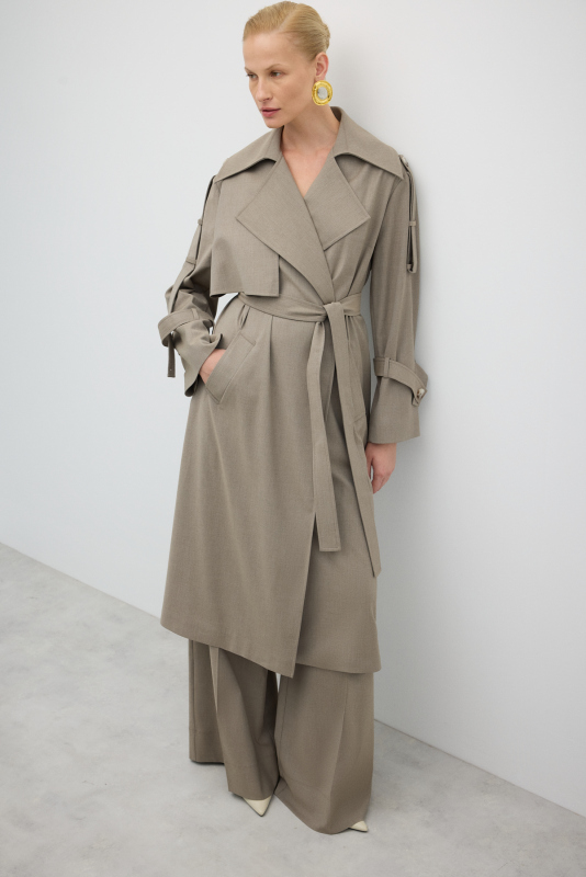 Beli Kuşaklı Yün Karışımlı Geniş Kesim Pardesü Kum Beji - 5