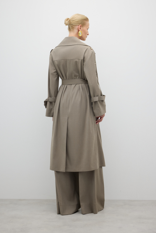 Beli Kuşaklı Yün Karışımlı Geniş Kesim Pardesü Kum Beji - 2