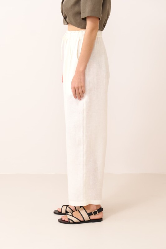 Beli Lastikli Çift Pileli Keten Pantolon Bej - 4